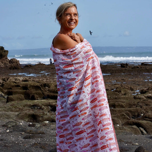 Cancun cotton sarong beachwear look, photographed outdoors in natural light
