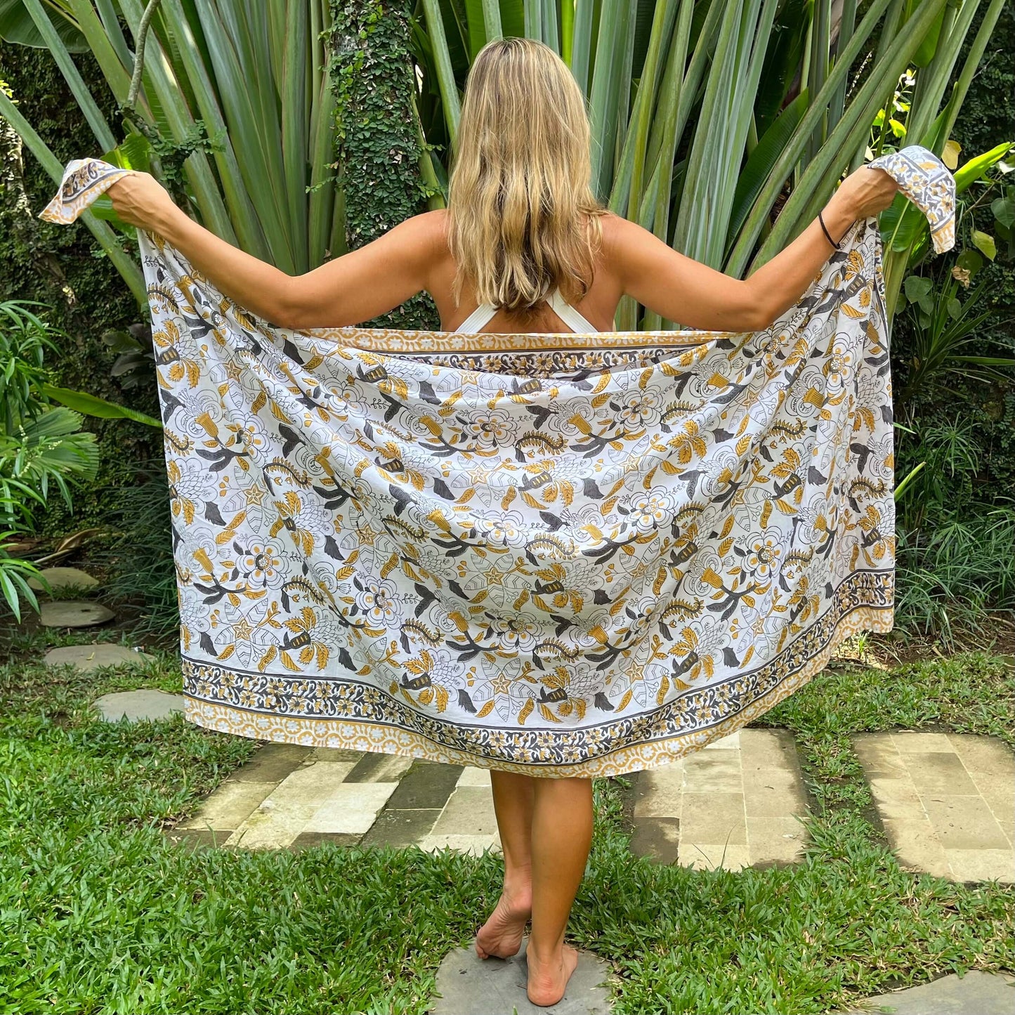 Close-up of palm desert cotton sarong pattern, ideal for warm weather