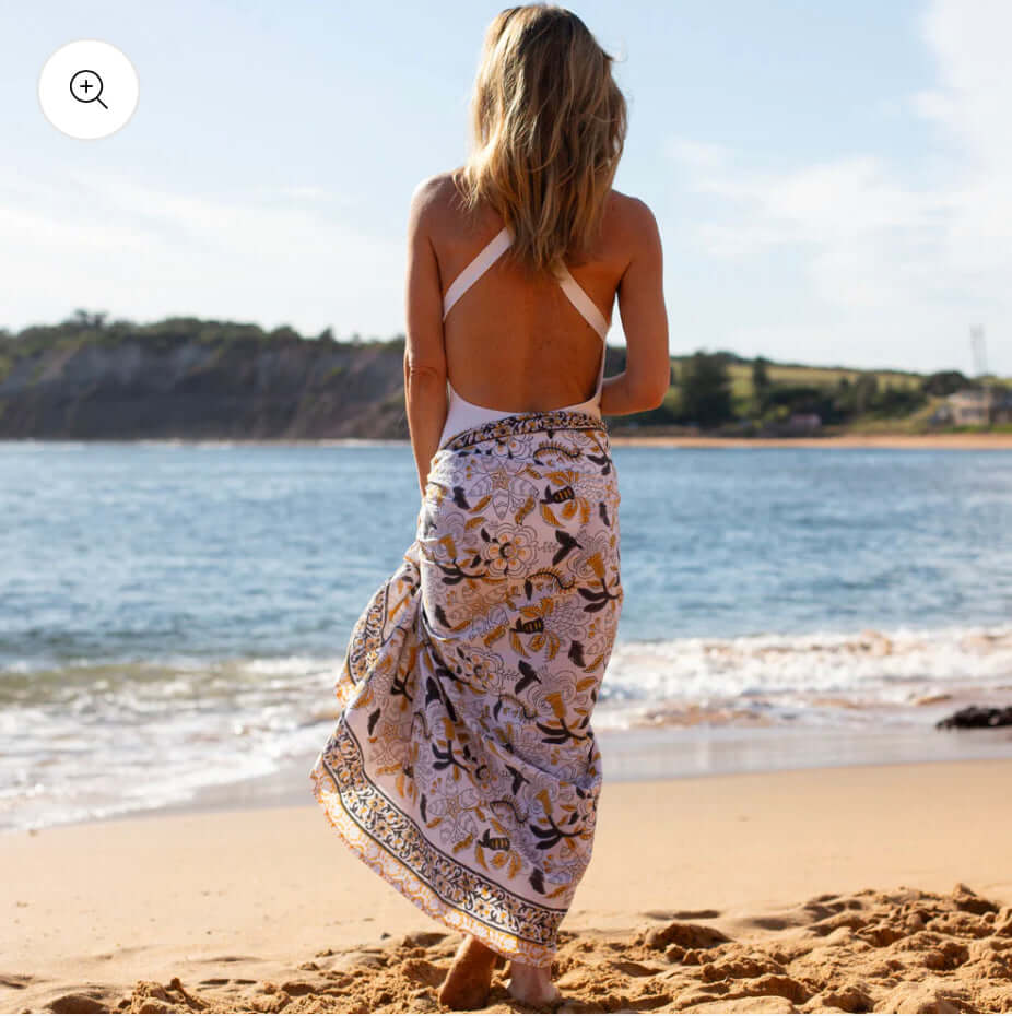 Close-up of palm desert cotton sarong pattern, ideal for warm weather