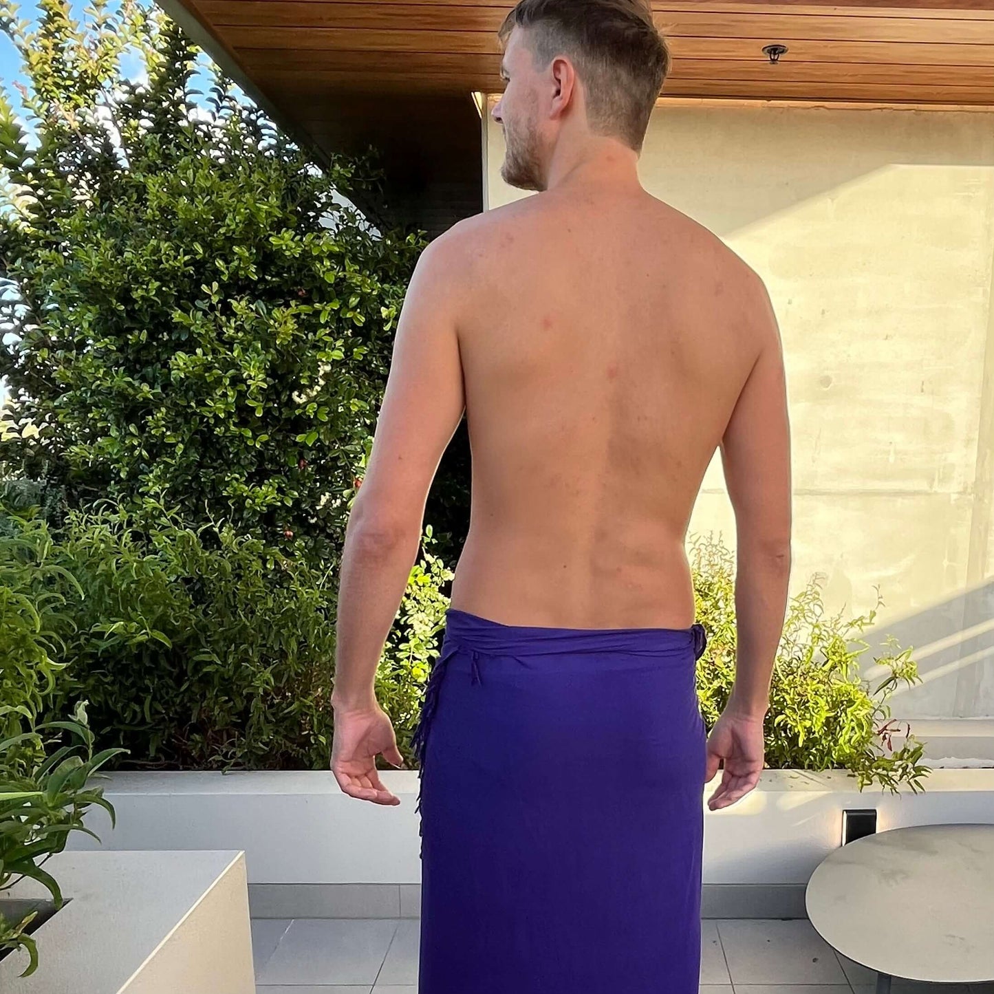 Purple pop men beach sarong worn as beach cover-up, flowing rayon fabric
