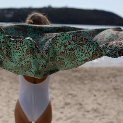 Green earth luxe sarong sarong tied at hip, lightweight rayon by sarong hut