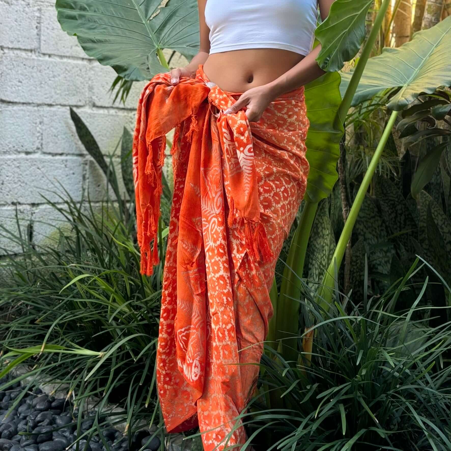 Vibrance Mandarin Beach Sarong length image of orange and gold fabric
