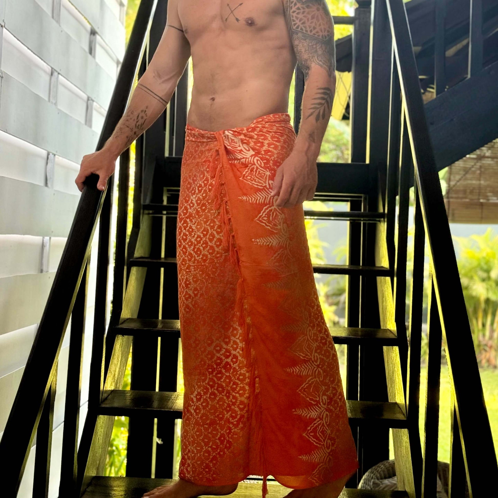 Vibrance Mandarin Mens Beach Sarong on staircase