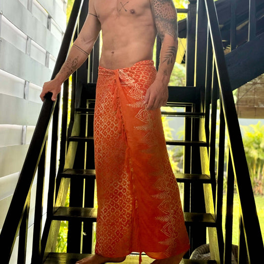 Vibrance Mandarin Mens Beach Sarong on staircase