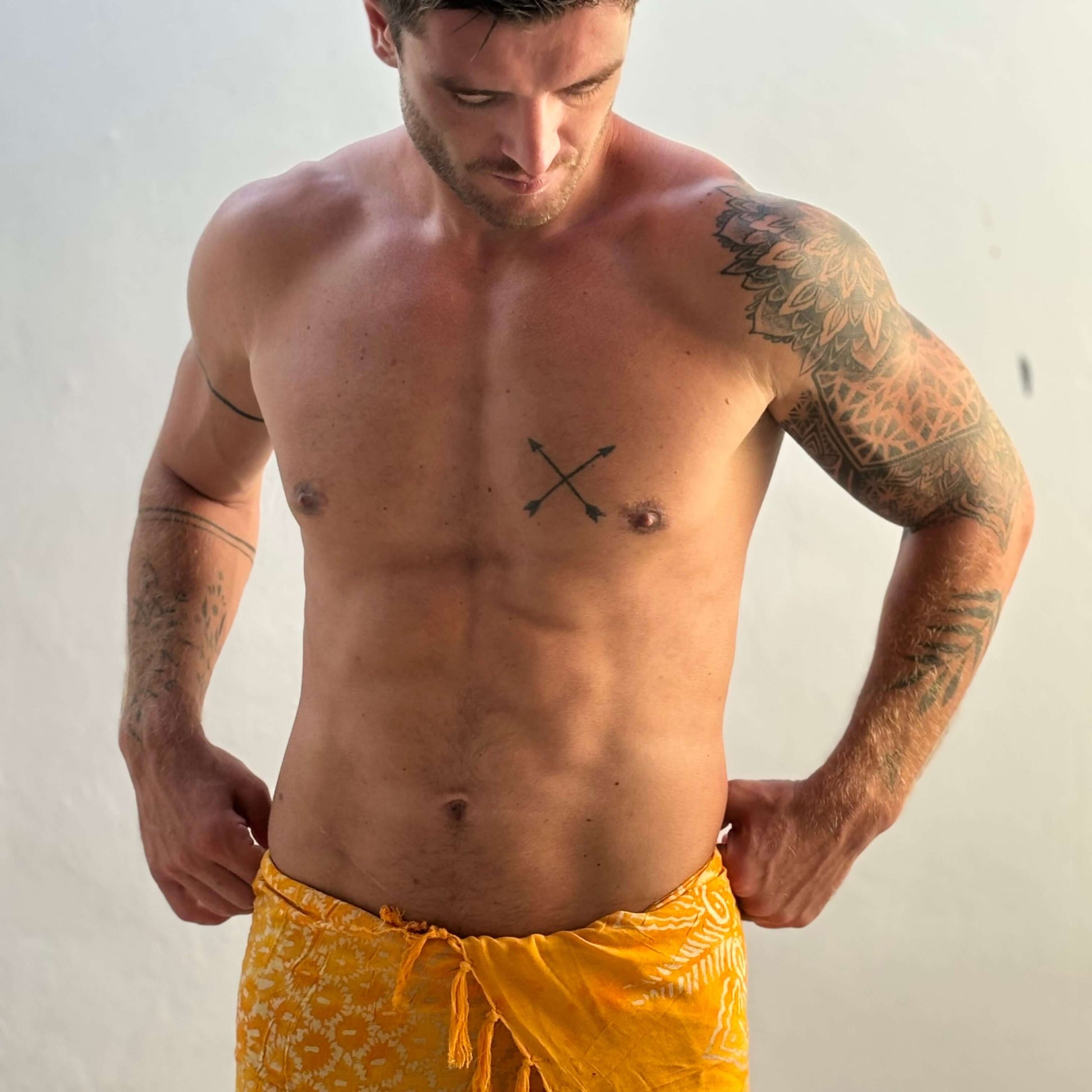 Vibrance Saffron Mens Beach Sarong torso