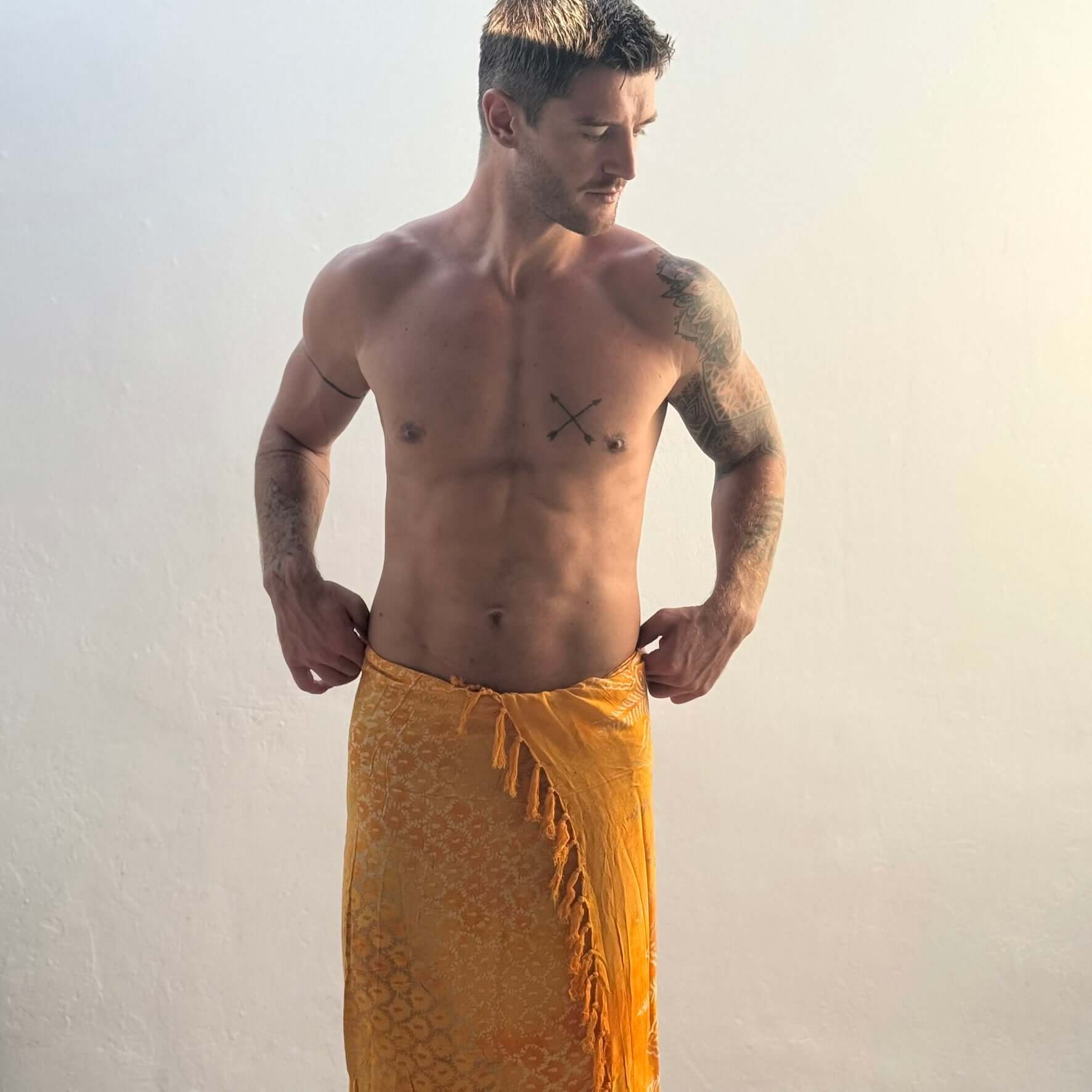 Vibrance Saffron Mens Beach Sarong right side torso male