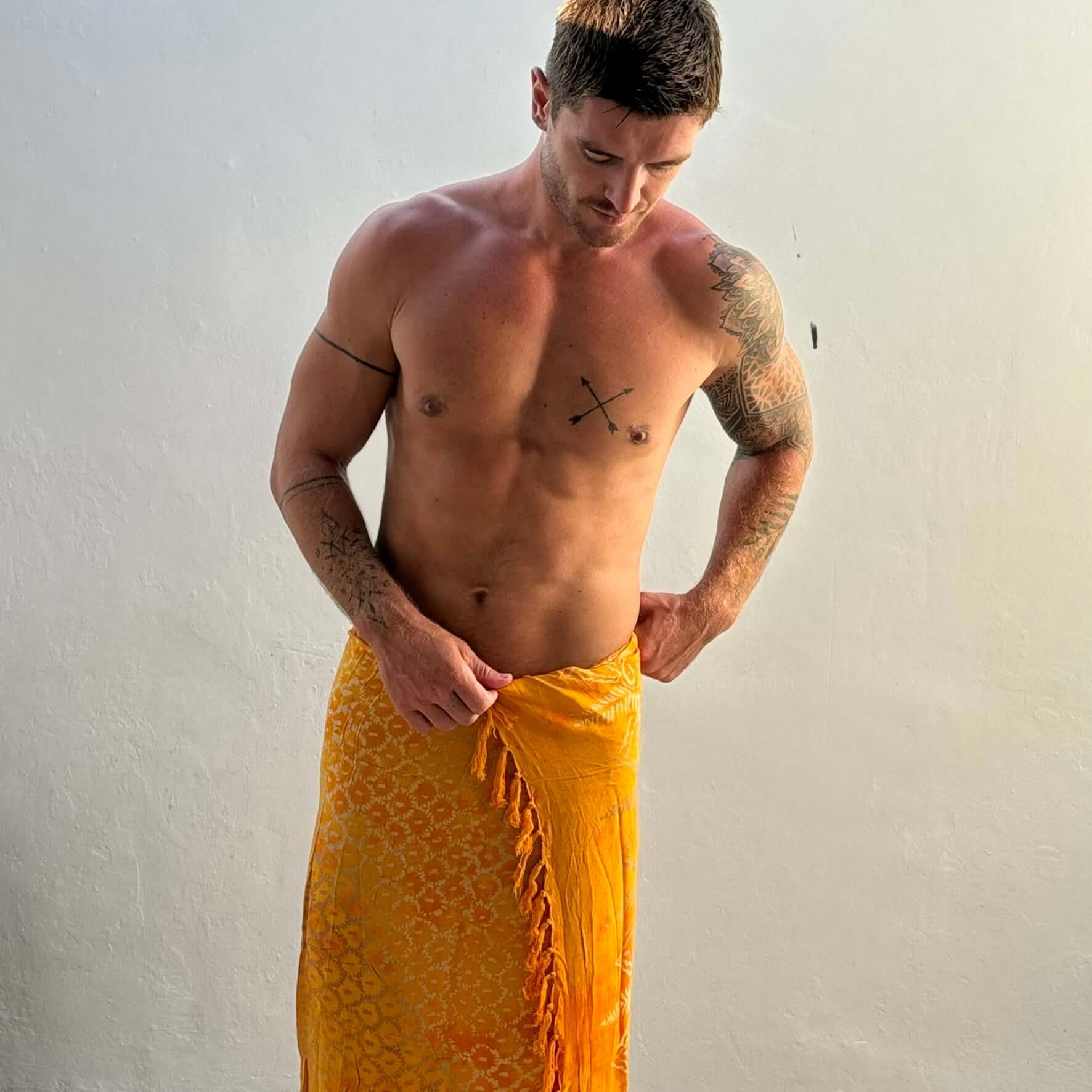 Vibrance Saffron Mens Beach Sarong full front leaning forward