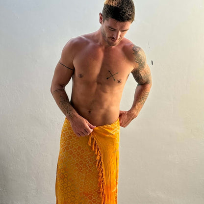 Vibrance Saffron Mens Beach Sarong full front leaning forward
