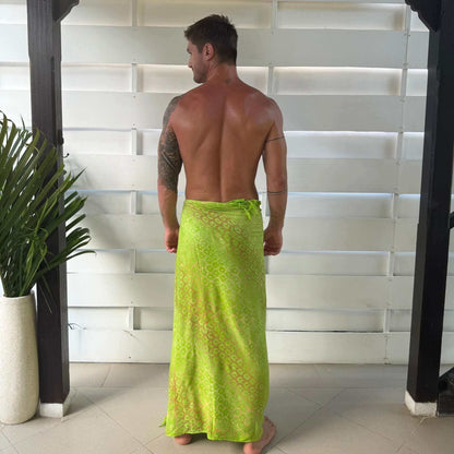 Vibrance Zest green and bronze coloured Mens Beach Sarong full length rear male