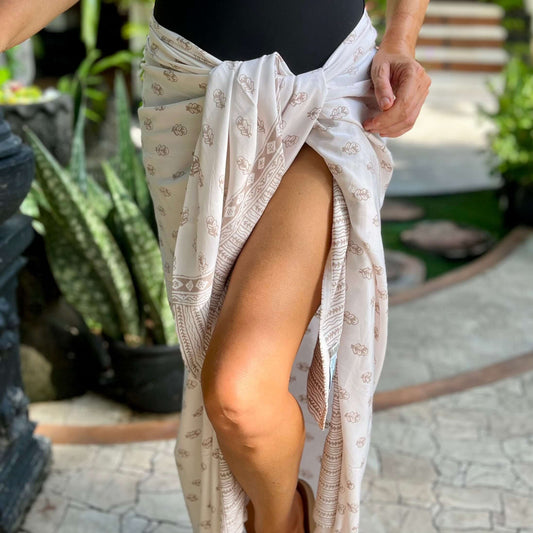 Firefly natural luxe sarong tied at hip, lightweight rayon by sarong hut
