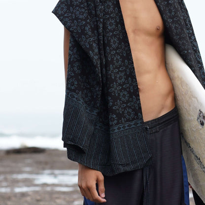 Jungle men luxe sarong worn as beach cover-up, flowing rayon fabric