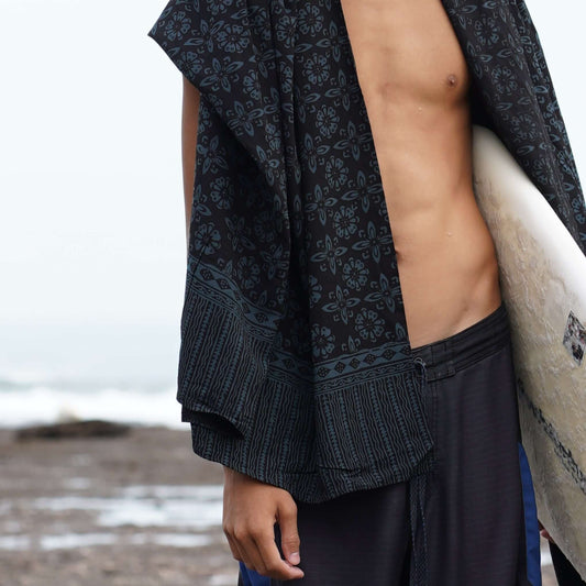 Jungle men luxe sarong worn as beach cover-up, flowing rayon fabric