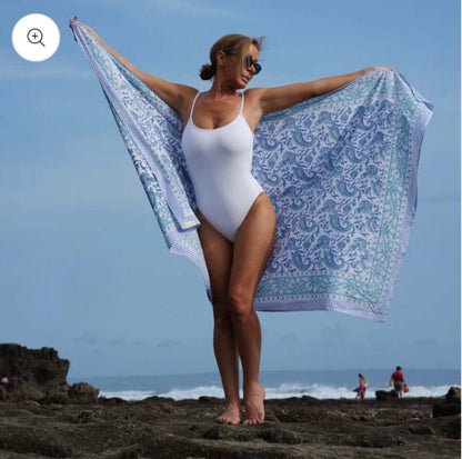 Kona cotton sarong worn as beach cover-up, flowing rayon fabric
