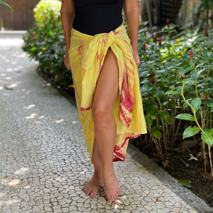 Outback cotton sarong worn as beach cover-up, flowing rayon fabric