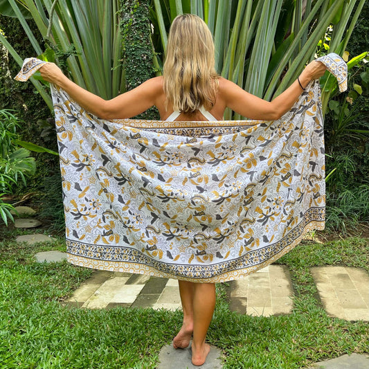 Close-up of palm desert cotton sarong pattern, ideal for warm weather