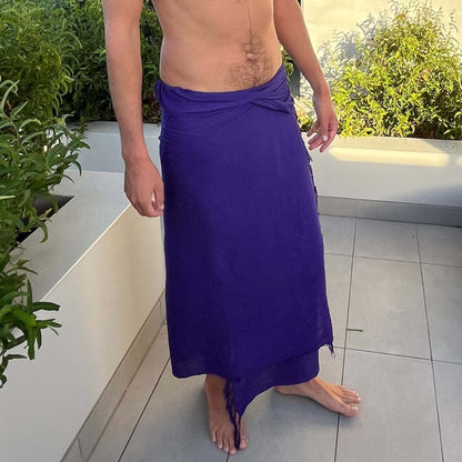 Purple pop men beach sarong worn as beach cover-up, flowing rayon fabric