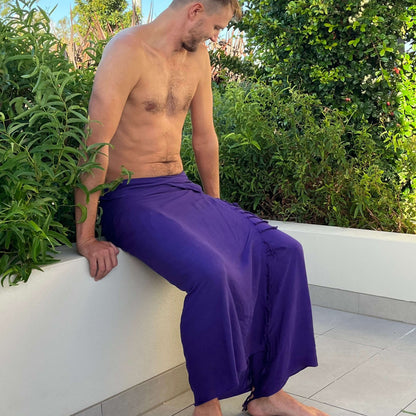 Purple pop men beach sarong sarong tied at hip, lightweight rayon by sarong hut