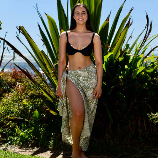 Women rumba luxe sarong tied at hip, lightweight rayon by sarong hut