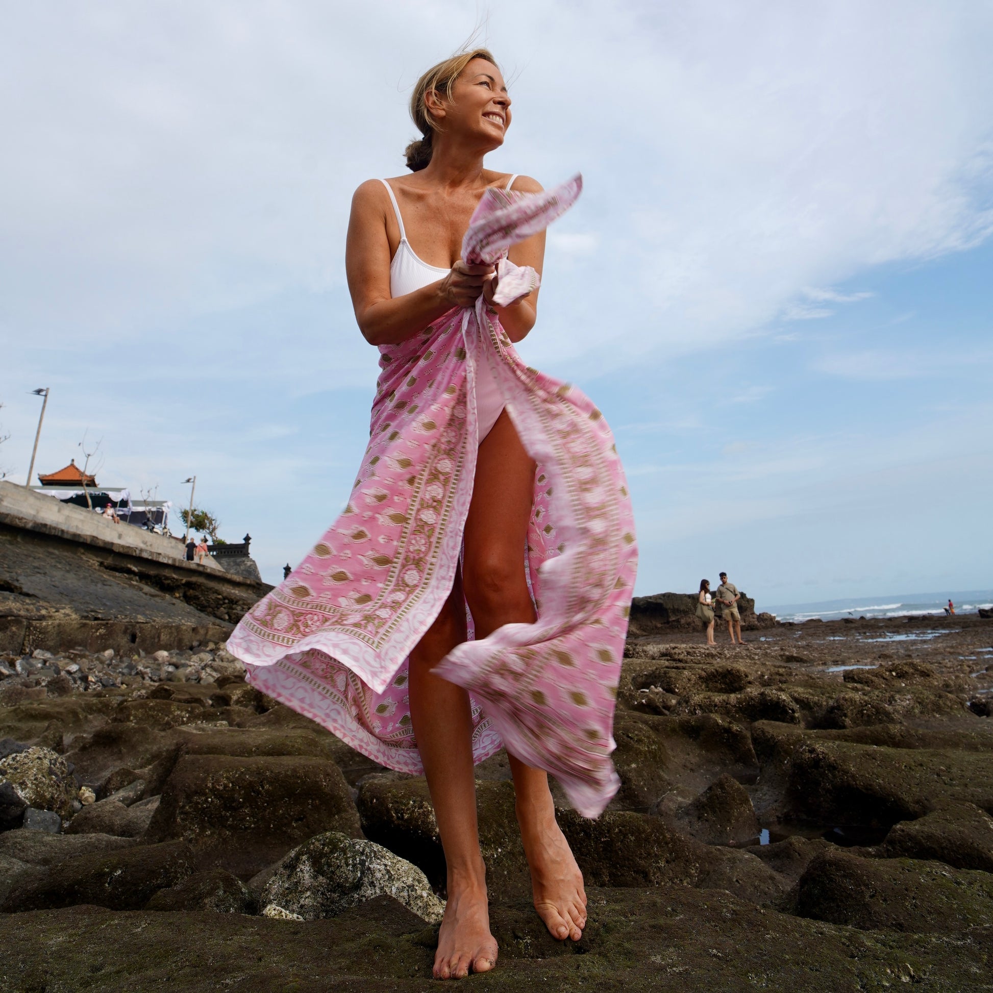 Sierra cotton sarong worn as beach cover-up, flowing rayon fabric